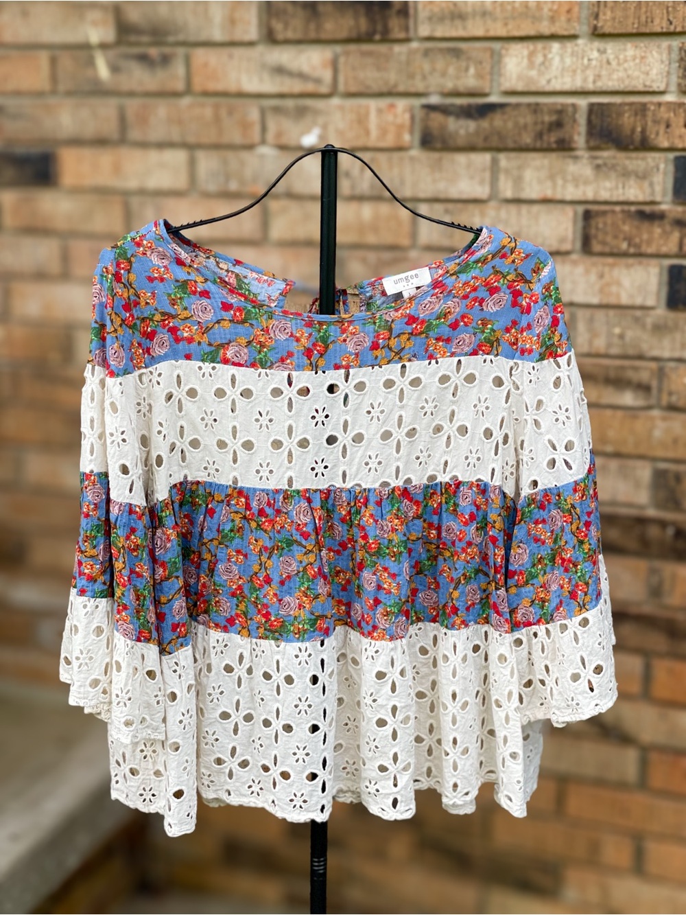 Umgee Large Blue Floral Eyelet Lace Bell Sleeve Boho Top